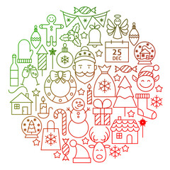 Christmas Line Icon Circle Design. Vector Illustration of Winter Holiday and Happy New Year Objects.