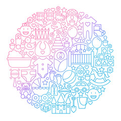 Fototapeta na wymiar Baby Line Icon Circle Design. Vector Illustration of Child and Kid Toys Outline Objects.