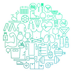 Fitness Line Icon Circle Design. Vector Illustration of Sport and Healthy Lifestyle Objects.