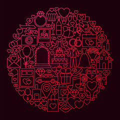Wedding Line Icon Circle Concept. Vector Illustration of Love Objects.