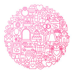 Fototapeta na wymiar Wedding Line Icon Circle Design. Vector Illustration of Love Objects.