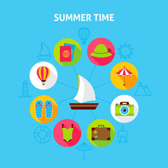 Concept Summer Time. Vector Illustration of Sea Holiday Infographics Circle with Flat Icons.