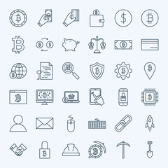 Fototapeta premium Line Cryptocurrency Icons. Vector Set of Thin Outline Bitcoin Finance Symbols.