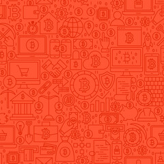 Fototapeta premium Red Line Bitcoin Seamless Pattern. Vector Illustration of Outline Tile Background. Cryptocurrency Financial Items.