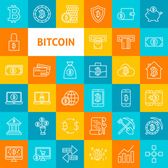Vector Line Bitcoin Icons. Thin Outline Cryptocurrency Symbols over Colorful Squares.