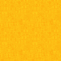 Yellow Line Bitcoin Seamless Pattern. Vector Illustration of Outline Tile Background. Cryptocurrency Financial Items.