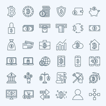Line Bitcoin Icons. Vector Set of Thin Outline Cryptocurrency Finance Symbols.