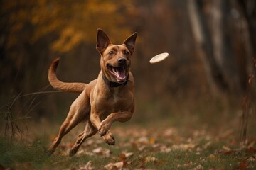 Depict a joyful dog chasing and catching a Frisbee thrown by its owner, with the dog's tongue hanging out and tail wagging in excitement. Generative AI