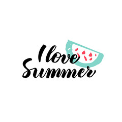 Fototapeta premium Love Summer Calligraphy. Vector Illustration of Lettering and Watermelon Design Element.
