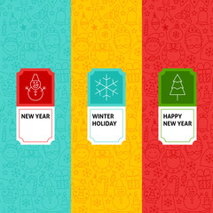 Line New Year Patterns Set. Vector Illustration of Logo Design. Template for Packaging with Labels.