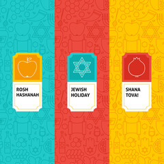 Line Rosh Hashanah Patterns Set. Vector Illustration of Logo Design. Template for Packaging with Labels.