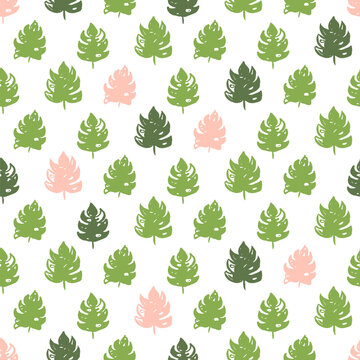 Tropical Plant Seamless Pattern. Vector Illustration of Hand Drawn Paint Summer Leaf Background.