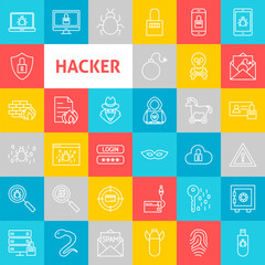 Vector Line Hacker Icons. Thin Outline Cyber Crime Symbols over Colorful Squares.
