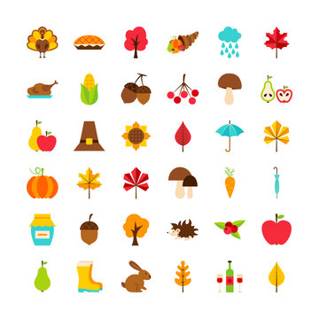 Big Set Thanksgiving Day Objects. Vector Illustration. Colorful Icons Isolated over White.