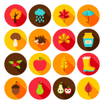 Autumn Flat Icons. Vector Illustration. Set of Circle Fall Seasonal Objects.