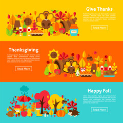 Thanksgiving Web Horizontal Banners. Vector Illustration of Autumn Concept.