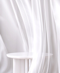 Empty modern glossy white round podium side table in soft blowing drapery curtain drapes in sunlight for luxury cosmetic, skincare, beauty treatment fashion product display background 3D