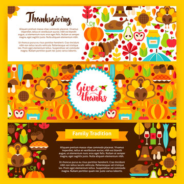 Thanksgiving Horizontal Banners. Vector Illustration. Autumn Holiday Website Headers.