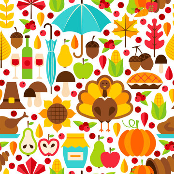 Thanksgiving Day Seamless Pattern. Flat Design Vector Background. Autumn Holiday.