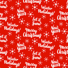Christmas Lettering Seamless Pattern. Vector Illustration of Holiday Background. Happy New Year.