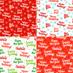 Christmas Lettering Seamless Patterns. Vector Illustration of Holiday Background. Happy New Year.