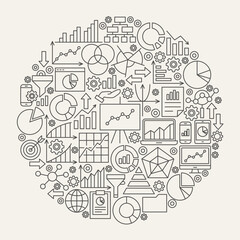 Business Diagram Line Icons Circle. Vector Illustration of Analytics Graph Outline Objects.