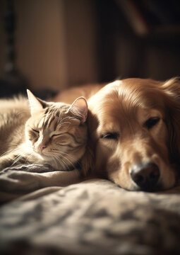A peaceful image of two furry friends taking a nap together, featuring a desaturated vintage color palette and a blurred background.