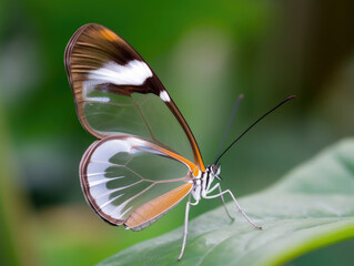Naklejka na ściany i meble Close-up portrait of a glasswing butterfly (Greta oto) on a leaf. Generative AI