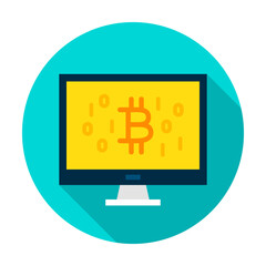 Computer Bitcoin Circle Icon. Vector Illustration Flat Style with Long Shadow.