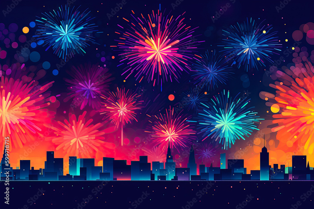 Wall mural Fireworks over a city skyline graphic design, 4th of July, New Year's Eve, celebration, background. Generative AI - Wall murals