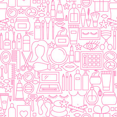 Cosmetics White Line Seamless Pattern. Vector Illustration of Outline Tileable Background.