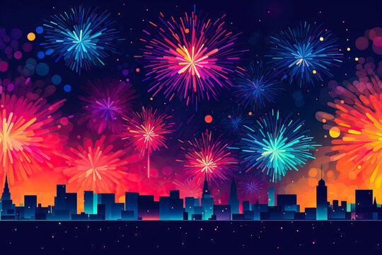 Fireworks over a city skyline graphic design, 4th of July, New Year's Eve, celebration, background. Generative AI