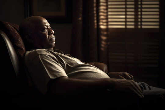 Male African American senior relaxing in a recliner relax room. Generative AI AIg23.