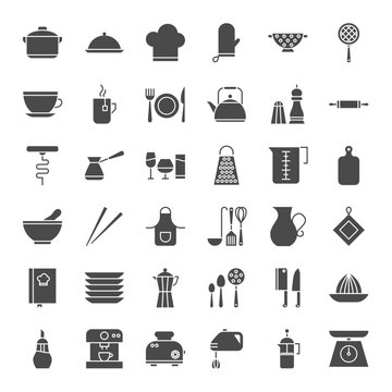 Kitchen Utensils Solid Web Icons. Vector Set of Cooking Glyphs.
