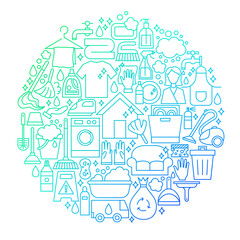 Fototapeta na wymiar Cleaning Services Line Icon Circle Design. Vector Illustration of Objects Isolated over White.