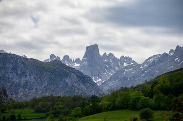 Fototapeta na wymiar View on Naranjo de Bulnes or Picu Urriellu, limestone peak dating from Paleozoic Era, located in Macizo Central region of Picos de Europa, mountain range in Asturias, Spain