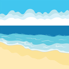 Fototapeta na wymiar Vector landscape with summer beach. Waves of the sandy beach, blue sky and sea.