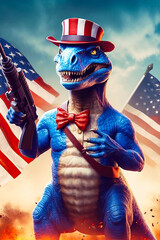 Patriotic American dinosaur with gun. Generative AI