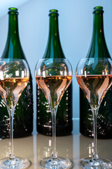 Tasting of rose brut Champagne sparkling wine in cellars of gran cru wine house in Epernay, wine tour in Champagne, France