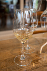 Tasting of cold brut Champagne sparkling wine in cellars of gran cru wine house in near Reims, wine tour in Champagne, France