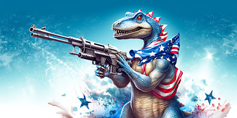 Naklejka premium Patriotic American dinosaur with gun. Generative AI