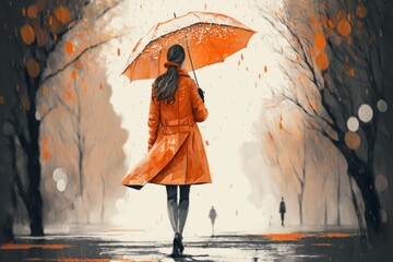 Autumn in orange colors, woman walking and carrying umbrella. Generative ai