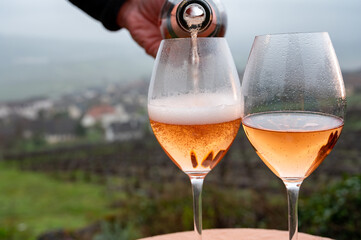 Tasting of premier cru sparkling rose wine with bubbles champagne outdoor with view on hilly pinot meunier vineyards in Hautvillers in February, near Epernay, France.