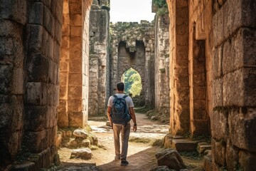 Obraz na płótnie Canvas traveler exploring ancient ruins, generative ai