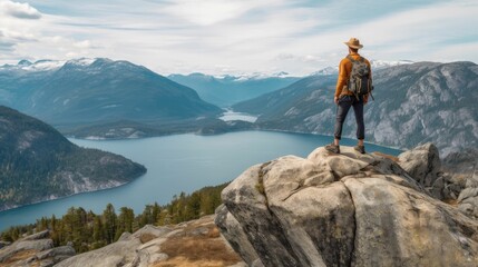 solo hiker marveling at a panoramic view from a cliff, generative ai