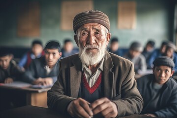 senior man learning a new language at a community class, generative ai