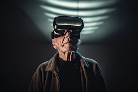 senior man enjoying a virtual reality experience, generative ai