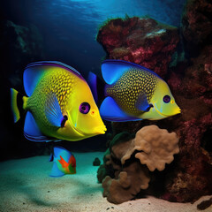 Obraz premium Two tropical yellow and blue fishes in a coral reef. Generative AI