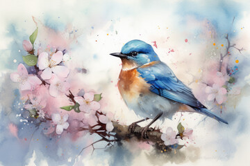 a bluebird perched on a tree branch and surrounded by a flurry of falling cherry blossom petals Generative AI AIG18.