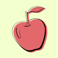 An colorful abstract apple on green summer background. The icon is made in one line style and have a flat background. Stylish fruity red illustration, icon, background. Vector graphic.